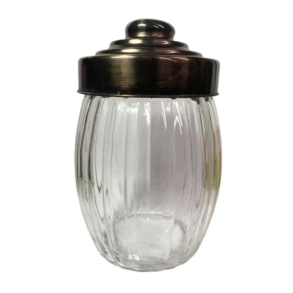 Ribbed Clear Glass Kitchen Canister Jar Bronze Tone Metal Lid 8” Pantry Storage